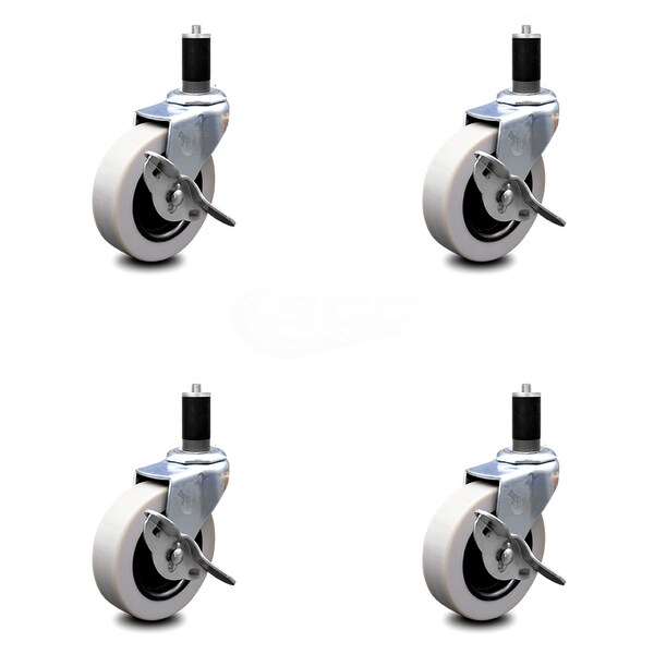 3 Inch Thermoplastic Wheel 1-3/8 Inch Expanding Stem Caster with Brakes, 4PK